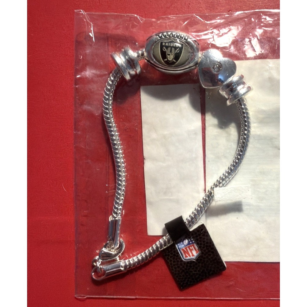 NFL Licensed LAS VEGAS RAIDERS Silver Tone BRACELET with Football & Heart Charm